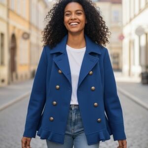 Prevett Royal Blue Peacoat w ruffle hem Size Large Wool Warm ANTHROPOLOGIE